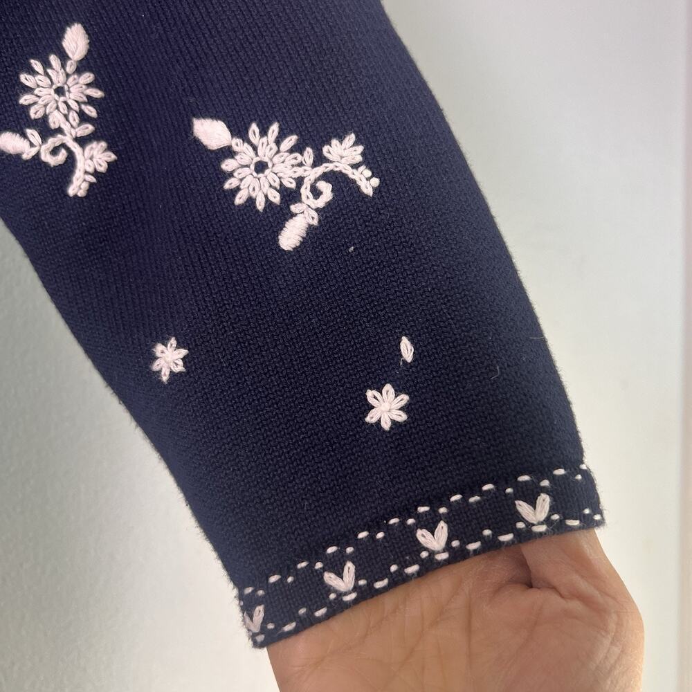 Vintage Talbots Women Cotton Knit Embroidered Full Zip Sweater Floral Sz L Black - Picture 2 of 9
